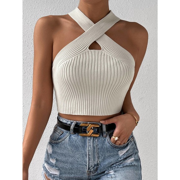 Tops - High neck ribbed knit Crisscross Halter Knit crop Top y2k cream
